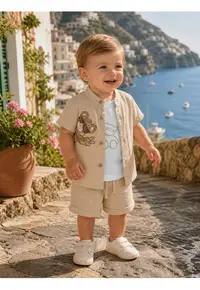 Set bebe baiat 3 piese camasa muselina tricou bumbac si pantaloni bej elegant vara