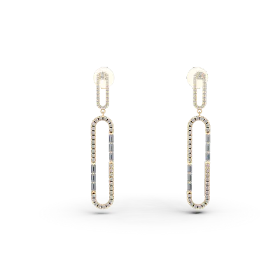 Cercei geometrici din aur galben cu diamante baguette si rotunde de 0.16ct