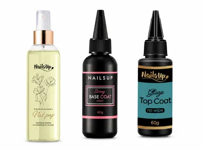 NAILSUP Professional Nail Prep 200ml, Rubber Base Coat, Top Coat No Wipe