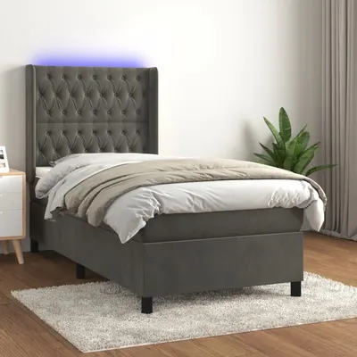 Gossi pat cu arcuri, saltea si led, gri inchis, 90x190 cm, catifea