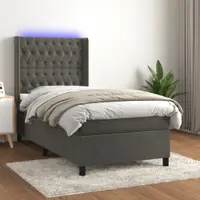 Gossi pat cu arcuri, saltea si led, gri inchis, 90x190 cm, catifea