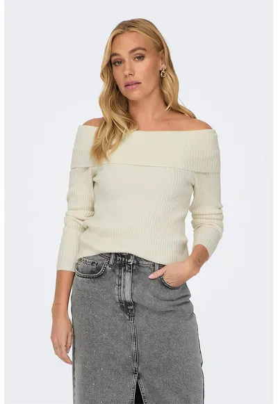 Pulover striat cu decolteu pe umeri Katia - Crem