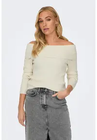 Pulover striat cu decolteu pe umeri Katia - Crem