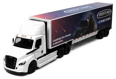 Jucărie pentru copii Kinsmart - Camion metalic Freightliner eCascadia cu container, 1:62, alb