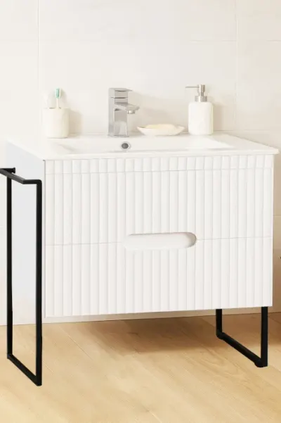Set Baza front MDF si Lavoar seria 009, cadru metalic, cu sertare, 80 cm, alb