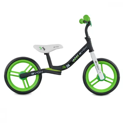 Bicicleta copii fara pedale Byox Zig-Zag Green 12 inch, roti din cauciuc EVA, scaun ajustabil pe inaltime de la 36 cm pana la 45 cm, de la 2 ani pana la greutatea maxima admisa de 20 kg