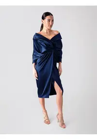 Rochie midi - cu model drapat - culoare Bleumarine - material sintetic - de ocazie - Bleumarin
