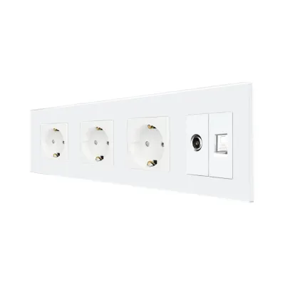 Priza Tripla Schuko + TV + Internet cu Rama Din Sticla LUXION