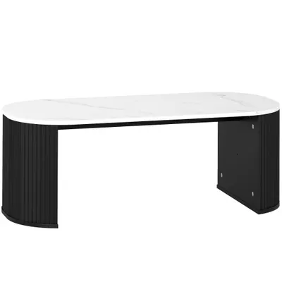 HOMCOM Masă de cafea ovală, măsuță cu aspect marmură, colțuri rotunjite picioare groase, 110 x 50 x 40 cm, negru | Aosom Romania