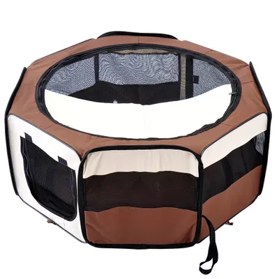 PawHut Parc pliabil pentru câine pisică animale mici octogonal din țesătură Oxford și oțel Ø 90 x 41H cm maro bej | Aosom Romania