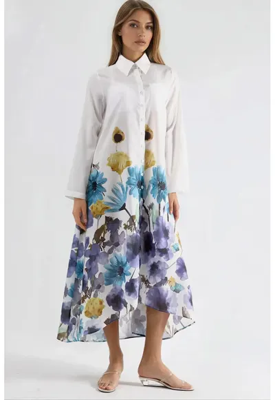 Rochie Maxi - Florala - Alb - Poliester - Inchidere cu Nasturi