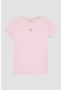 Tricou din amestec de bumbac cu decolteu rotund - Roz deschis