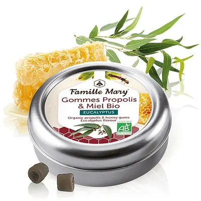 Dropsuri de supt cu propolis, miere bio și eucalipt, 45 g, Famille Mary