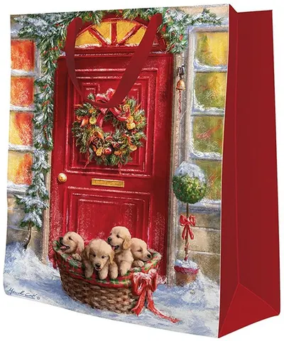 Pungă cadou de Crăciun - Basket With Puppies, 17 x 17 x 6 cm