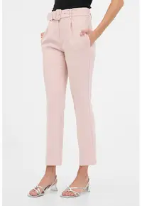 Pantaloni cu talie inalta si curea - Roz pastel