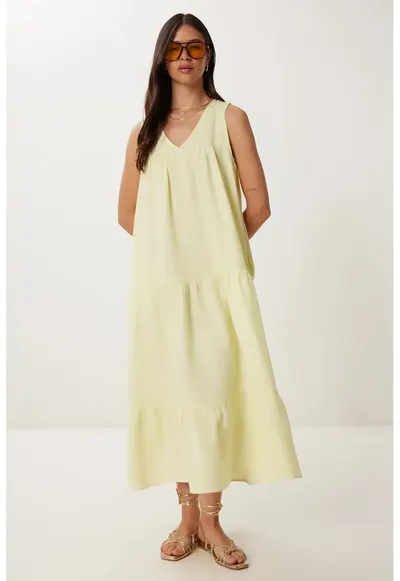 Rochie midi Happiness Istanbul - cu volane - decolteu in V - bumbac - Galben lamaie