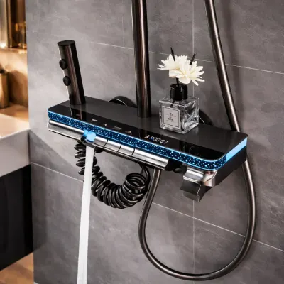 Coloana Dus Smart Premium cu LED si Termostat, 4 Functii, Butoane Piano, Finisaj Gri cu Negru