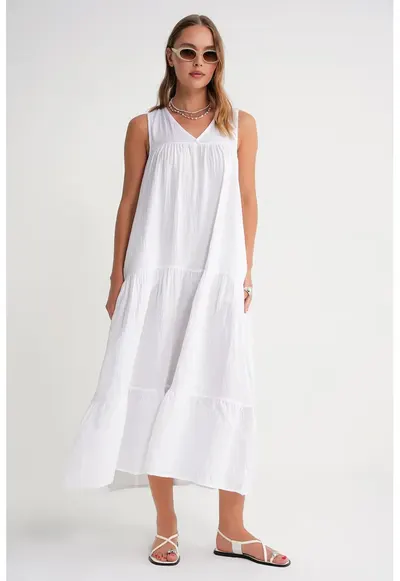 Rochie Midi - fara maneci - decolteu in V - alb - bumbac