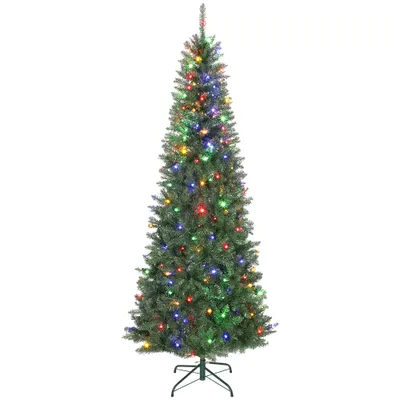 HOMCOM Pom de Crăciun Artificial de 210 cm cu Lumini Incorporate Albe și Colorate în 9 Moduri și 1273 Ramuri Ignifuge, Brad de Crăciun Realist și Des cu Bază Metalică Pliabilă pentru Acasă | Aosom Romania
