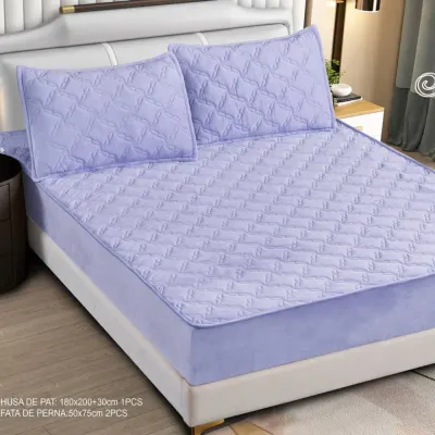 Husa Matlasata Tip Topper din Catifea 180x200cm, cu 2 Fete de Perna 50x70cm - Somn Odihnitor si Sustinere pentru Spate, Lila
