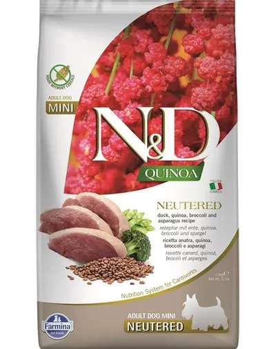 FARMINA N&D Quinoa Hrana pentru caini sterilizati de talie mica, cu rata, broccoli si sparanghel 2,5 kg