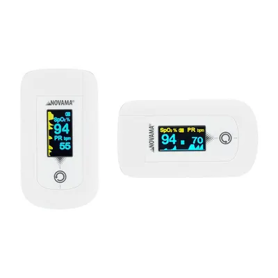 Pulsoximetru Novama Sanso alb, masoara saturatia de oxigen din sange si pulsul, algoritm de toleranta la miscare, ecran OLED bicolor, functie de schimbare a orientarii ecranului