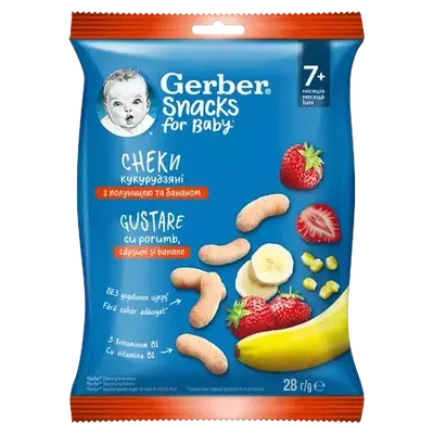 Gustare cu porumb capsuni si banane de la 7 luni, 28g, Gerber