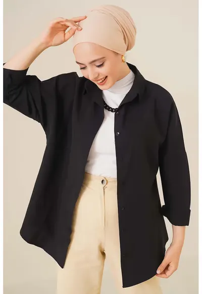 Camasa - poplin - croiala lejera - negru - bumbac-poliester