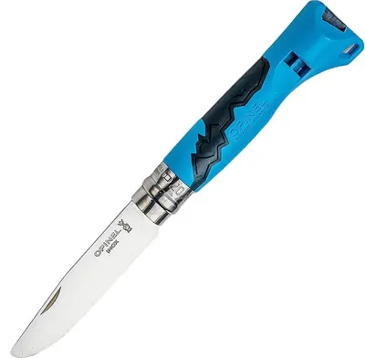 Cuțit pliabil pentru copii Opinel Outdoor - Junior, 8 cm, Fluier SOS, albastru