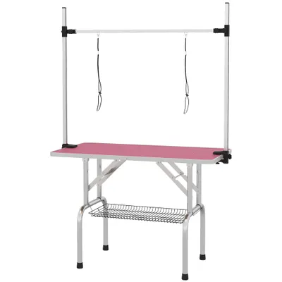 PawHut Masă de toaletat canină pliabilă cu coș metalic, bară din oțel inoxidabil reglabilă, 107x60x164 cm, roz | Aosom Romania