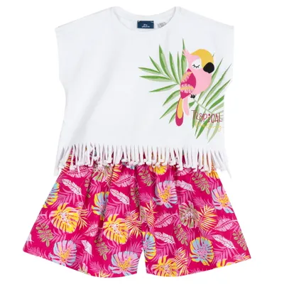 Costum plaja copii Chicco, tricou si pantaloni, alb cu model, 01333-70MC