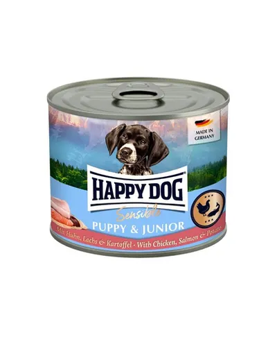 HAPPY DOG Sensible Puppy Junior Pui, somon și cartof hrană umedă pentru căței și câini tineri 200 g