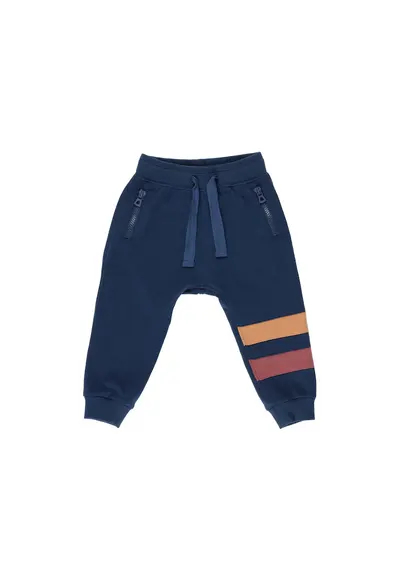 Pantaloni sport - Moments - Albastru Navy cu dungi Galben si Rosu - pentru baietei - Bleumarin