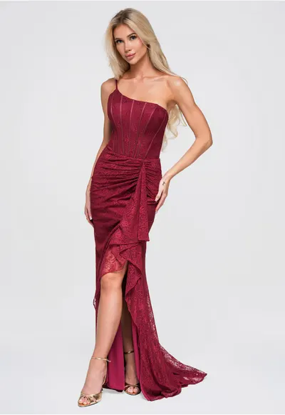 Rochie maxi elegantă de seară - cu corset si dantelă LA-OM-DLR375 - Visiniu