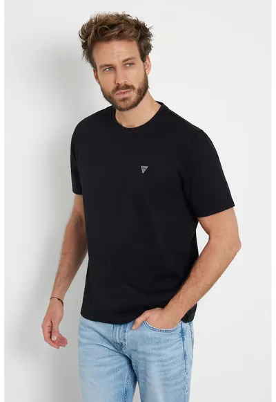 Tricou de bumbac cu decolteu la baza gatului - Negru