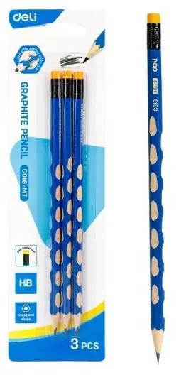 Creion cu radieră Deli U-Touch - Corp hexagonal, HB, 3 buc