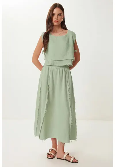 Set costum dama - Happiness Istanbul - Bluza fara maneci si fusta larga - Verde menta - 100% bumbac