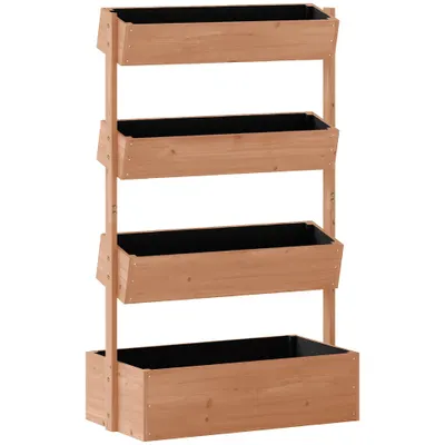Outsunny Jardinieră Verticală înălțată pe 4 Niveluri, din Lemn pentru Exterior, cu Orificii de Drenaj și Căptușeală Textilă, pentru Plante Aromatice, Flori și Legume, 85x45x140 cm, Maro | Aosom Romania