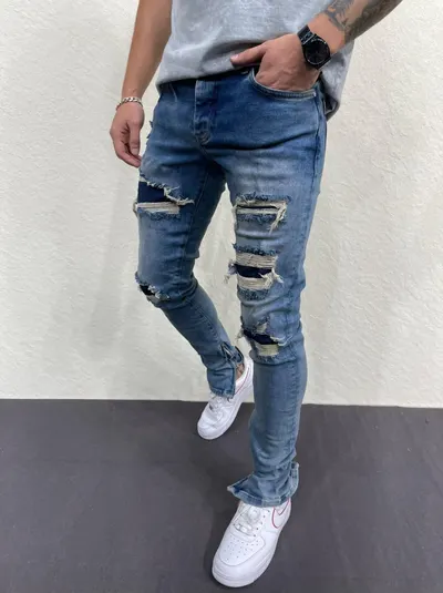 Blugi Slim Patches&zipper Blue-White Bgas914(7380) (mărime: 33)