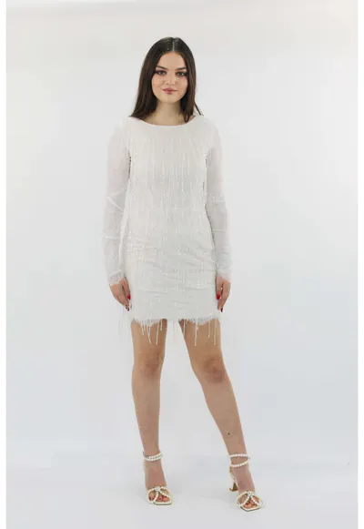 Rochie de seara din dantela cu franjuri SUKI - Alb