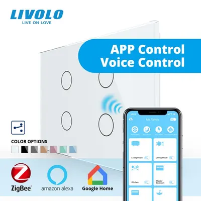 Intrerupator cvadruplu, standard italian, cap scara / cap cruce, wireless Protocol Zigbee, cu panou sticla, 3M Alb