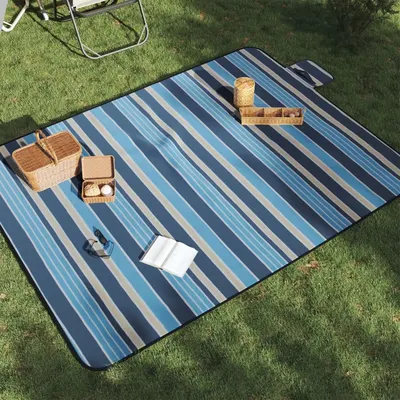 Gossi patura picnic pliabila, dungi albastre alb, 200x150 cm catifea