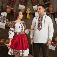 Set Cuplu Traditional 318 Camasa Traditionala si Rochie cu motive traditionale