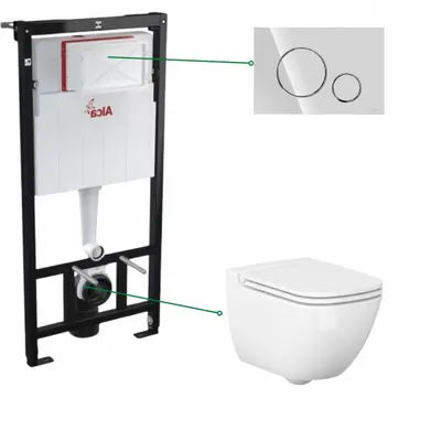 Set vas wc suspendat rimless, Cersanit, Caspia New si rezervor wc incastrat Alcaplast cu clapeta crom lucios, Cersanit Opti B2