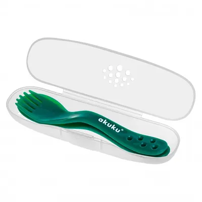 Set 2 tacamuri Akuku Verde in cutiuta transparenta de depozitare,materiale sigure fara BPA,forme rotunjite sigure pentru gingiile copiilor,potrivit in calatorii si acasa