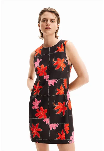 Rochie cu imprimeu - fara maneci - Negru/Rosu vermillion