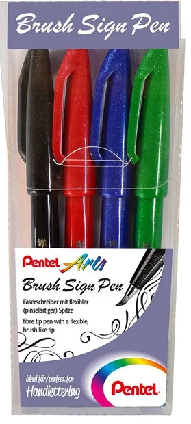 Set markere cu peniță de perie Pentel Sign Pen - SES15-4, 4 buc.