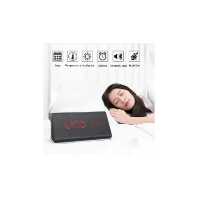 Ceas de birou LCD, afisaj data si temperatura, functie alarma, senzor de sunet, negru