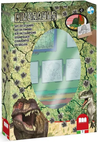 Set de ștampile Multiprint Dinosaurs - 4 buc., cu 7 carioci