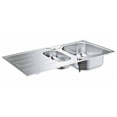 Chiuveta bucatarie Grohe 31564SD1, picurator, 2 cuve, reversibila, montare pe blat, evacuare automata, kit montaj si evacuare, Argintiu